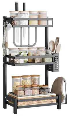 Produktbild von Multifunktionales, stehendes Gewürzregal, 3 Etagen, Gewürzständer/Gewürzhalter aus Edelstahl, Küchenorganizer für die Arbeitsplatte mit Besteckhalter, Schneidebretthalter und Haken, schwarz