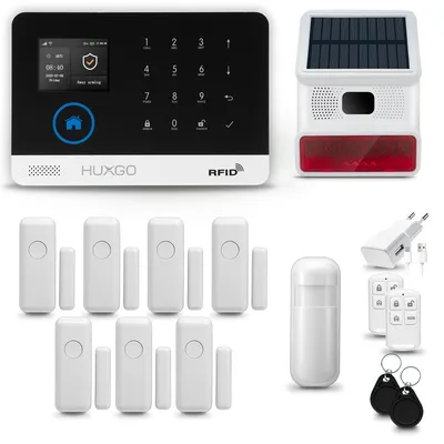 Produktbild von HUXGO HXA003 Alarmanlage Haus WiFi + GSM 2G mit Funk Sirene, Alarm System mit 1x Bewegungssensor und 7x Tür- Fenstersensor, Alarmanlage für Wohnung, Haus, Büro, Tuya Smartlife App
