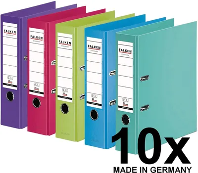 Produktbild von Original Falken 10er Pack Chromocolor Premium-Ordner.  Germany. Kunststoffbezug außen und innen 8 cm breit DIN A4 Pastell-Farbe farbig sortiert zu je 2x mint, hellblau, lindgrün, pink, violett