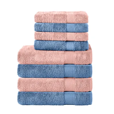 Produktbild von Komfortec 8er Handtuch Set aus 100% Baumwolle, 4 Badetücher 70x140 und 4 Handtücher 50x100 cm, Frottee, Weich, Towel, Groß, Rosa/Hellblau