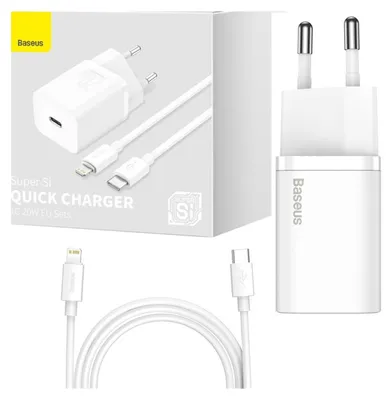 Immagine prodotto di Baseus Super Si Caricabatterie rapido 1C 20W con cavo da Usb-C a Lightning 1M (bianco)