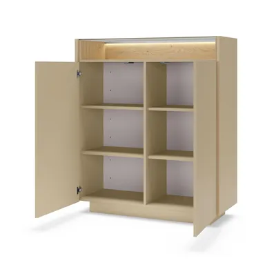 Productafbeelding van BETTSO Hoge kast / Kommode KIRO met 2 deuren, LED-verlichting en glazen blad – Kakao / Eikenhout Cremona. Japandi dressoir met push-to-open systeem, 103x119 cm