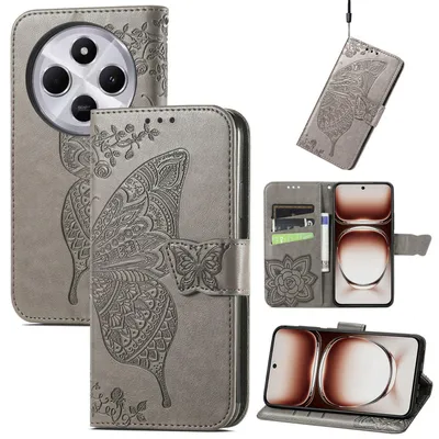 Obrázek produktu pro Pro Xiaomi Redmi 14C Koženkové peněženkové pouzdro na mobilní telefon Butterfly Design Cover Case Grey