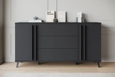 Image de MINIO go for it, commode « HURON », 150 cm, 2 portes, 3 tiroirs, système « push-to-open », avec pieds, couleur noire