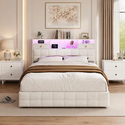 Produktbild von INONEFT Polsterbett 160x200 mit LED und USB,  Jugendbett Kopfteil mit 2 Geschlossene Räume und  3 Offene Regale, 4 Schubladen, Beige, KI-generiertes Bild