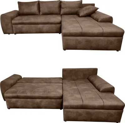 Produktbild von Ecksofa Vintage Schlafsofa Eckcouch L-Sofa mit Ottomane und Bettkasten in Braun / 18011