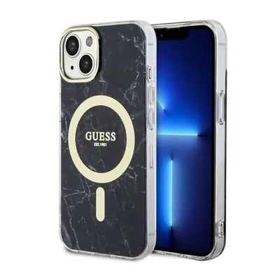 A black marble patterned iPhone 14 case with a gold Guess logo and MagSafe ring is shown next to an iPhone 14.