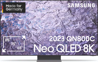 A Samsung Neo QLED 8K TV with various screen sizes indicated.