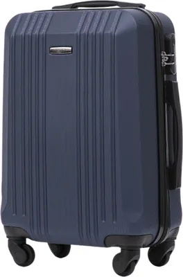 A dark blue carry-on suitcase is shown from the front.