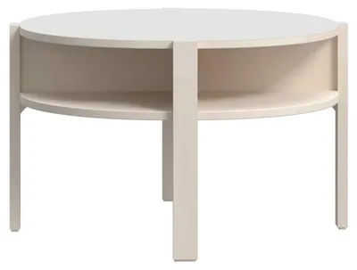 Couchtisch TOBAGO rund mit sandfarben betonter Holzplatte und offenen Ablagefächern in Gesamtansicht.