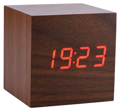 Holz-Würfelwecker LED, Sprachsteuerung, Temperatur, 6x6x6 cm, braun
