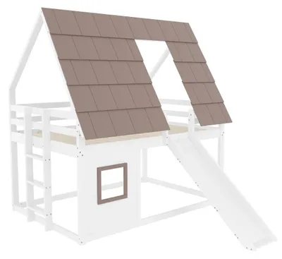 Obrázok produktu pre Poschodová posteľ – model "domček" – 140 x 200 cm – s strechou – s oknom – s integrovaným rebríkom – drevená – hnedá a biela