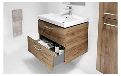 Produktbild von Waschbecken mit Unterschrank Nussbaum 60 cm inklusive Armatur und Pop-Up-Ventil, 2 Schubladen, Weiß, Badmöbel Hochglanz, hängend