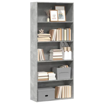 A tall, narrow bookshelf with a concrete gray finish, filled with books and decorative items.