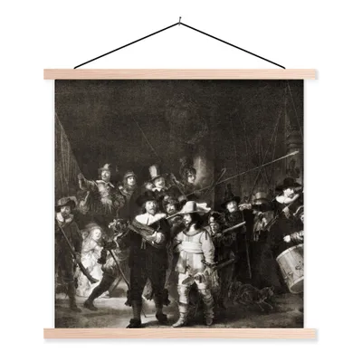 Produktbild von MuchoWow® Textilposter Die Nachtwache in Schwarz und Weiß - Rembrandt van Rijn 60x60 cm mit holzfarbenen Rahmen - Wanddekoration