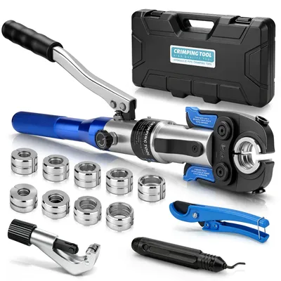 Produktbild von 180° Drehbarem Kopf Rohrpresszange Hydraulisch Presszange mit Chromschicht TH + V Kontur Backeneinsätze & Rohrschneider für Kupferrohre Verbundrohr