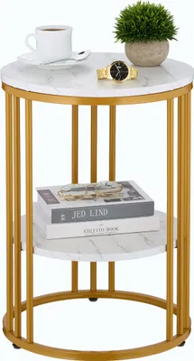 Produktbild von Relaxdays Beistelltisch Marmoroptik, 2 Ablagen, für Wohnzimmer, Metall & MDF, Sofatisch rund, HxD 56x40 cm, weiß/gold