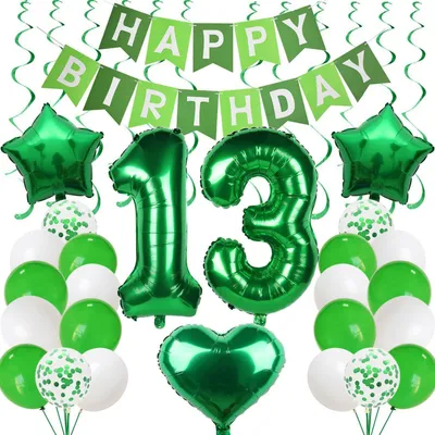 Immagine prodotto di Set di decorazioni per il tredicesimo compleanno, colore verde, con palloncini e ghirlanda, adatto a ragazzi e ragazze