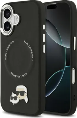 A black Karl Lagerfeld phone case with a phone inside.
