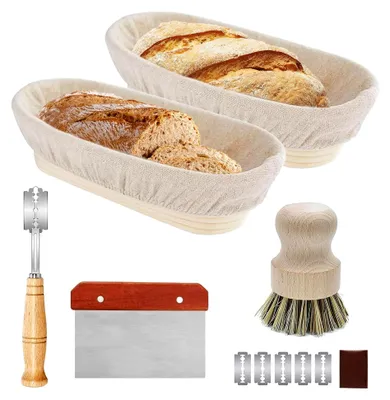 Produktbild von 2 Stück Gärkörbchen, 25 cm ovaler Gärkorb aus Rattan mit Zubehör zum Brotbacken