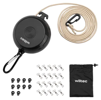 Productafbeelding van Wiltec uitschuifbare waslijn, zwart, 10 meter, waslijn voor kamperen met 20 wasknijpers, outdoor drooglijn tot 75 kg, reiswaslijn met clips en transporttas
