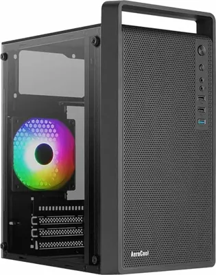 A computer case with a colorful fan inside.
