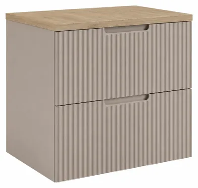 Produktbild von Badezimmerschrank hängend 60 mit Schubladen, Korpus in Kaschmir + Platte in Eiche hell, mit Griffen, 60 x 46 x 58,6 cm, KI-generiertes Bild