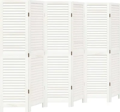 A white, six-panel room divider made of wood with slatted panels.