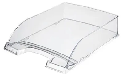 A clear plastic document tray on a white background.