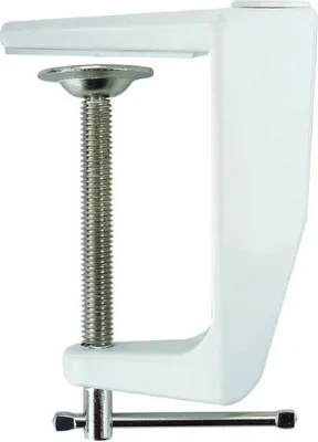 A close-up studio shot of a white C-clamp.