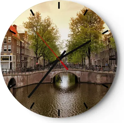 Produktbild von Wanduhr - Rund - Glasuhr - Kanal Wasser Amsterdam Fahrrad - 30x30cm - Schleichendes Uhrwerk - Lautlos - zum Aufhängen bereit - Dekoration Modern - Wanddekoration aus Glas - C3AR30x30-2697