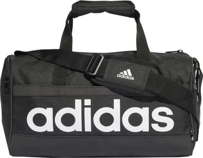 A studio shot of a black Adidas duffel bag.
