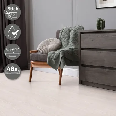 Produktbild von ML-Design Selbstklebende PVC Bodenbelag, 6,69 m²/48 Vinyl-Dielen, Eiche Weiß