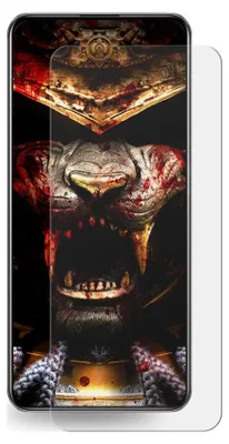 A close-up of a phone screen protector with a dark, graphic image of a lion's head and armor.