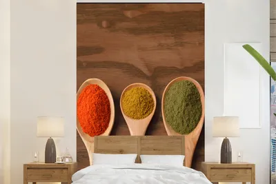Produktbild von MuchoWow® Fototapete für Wohnzimmer oder Schlafzimmer Wandtapete Vinyl Motivtapete Schöpfkelle - Kräuter - Lebensmittel - Gewürze - Tisch - 225x350 cm - Schlafzimmer tapete