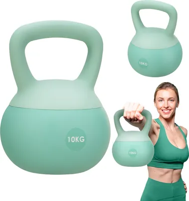 A collage of a mint green kettlebell and a woman holding a kettlebell.