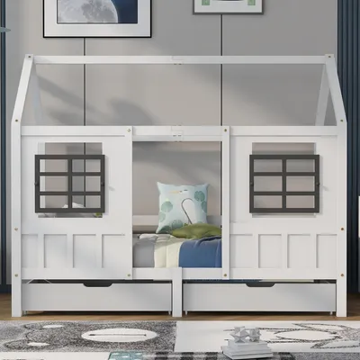 Produktbild von Hausbett 90x200 cm mit 2 Schubladen und 2 Fenstern, Kinderbett mit Fallschutz und Hausdach, Tagesbett mit Stauraum, Kiefer/MDF, Weiß