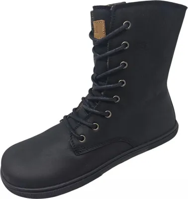 A black lace-up boot is shown against a white background.