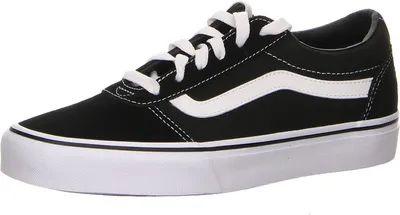 Produktbild von Vans Ward Damen Schnürschuhe Schwarz, Größe 6 (fällt 1 Größe zu klein aus), Textil-Leder-Canvas Obermaterial, Gummisohle, mit gepolsterter Innensohle, flexibler Laufsohle, verstärkter Zehenkappe und Waffelprofilsohle, für Streetwear, Lifestyle, Skateboard, weiße Nähte.