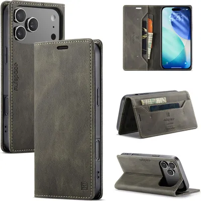 Produktbild von Hülle für iPhone 17 Pro Max, Retro Kunstleder Tasche Kartenfächern und Ständer Schutzhülle Kaffee