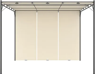 A garden gazebo with cream-colored side curtains.
