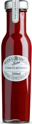 A bottle of tomato ketchup on a white background.