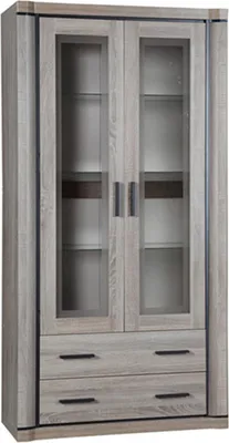 Produktbild von Bettso -Vitrine, Höhe Kommode mit Glas, skandinavischer Stil für Wohnzimmer mit 2 Türen und 2 Schubladen -DALLAS D-17 Trüffeleiche