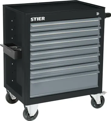 Produktbild von STIER Werkstattwagen BLACK-Edition, unbestückt, Werkzeugwagen, Montagewagen, mit kugelgelagerten Schubladenschienen, 7 Schubladen, Traglast je Schublade 35kg, Max. Belastung 300kg, Vollgummibereifung