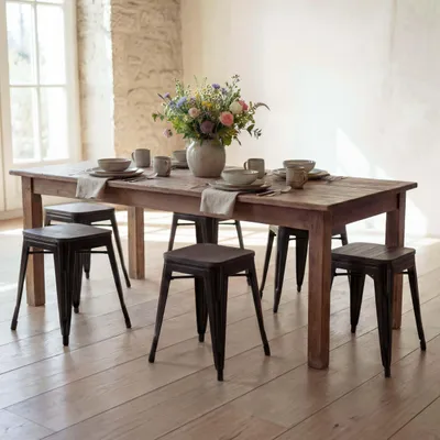 Image de lot de 6 tabourets HWC-A73 avec assise en bois, tabouret métallique, métal design industriel empilable ~ noir