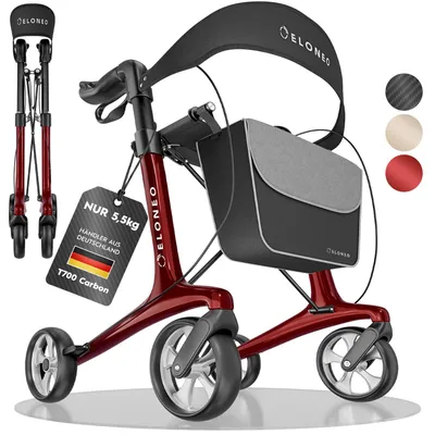 Produktbild von ELONEO Carbon Rollator faltbar und leicht mit Sitz, Leichtgewicht-Reiserollator, ultraleicht, Rot - Größe L
