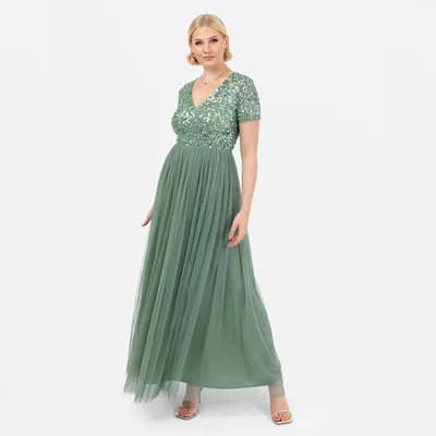 Produktbild von Maya Deluxe Damen-Maxikleid mit V-Ausschnitt, verziert, V-Ausschnitt, kurze Ärme