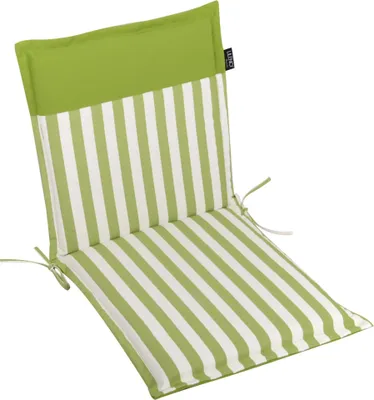 A green and white striped chair cushion on a white background.