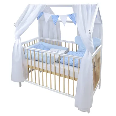 Produktbild von Baby-Delux Hausbett Kinderbett Gitterbett Weiß Natur 60x120 Beißschienen Schutzgitter Matratze Bett Set Prince Stars