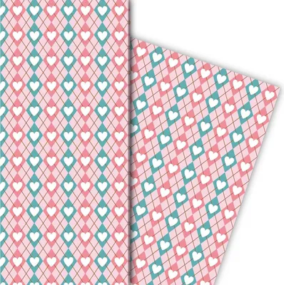 Produktbild von Rauten Geschenkpapier mit Herzen auf rosa - G7663, 32 x 48cm